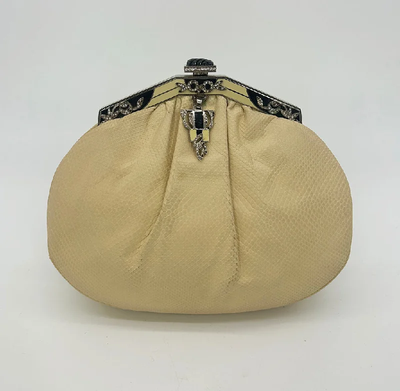 Sporty Bags For Active And Athletic Lifestyles Judith Leiber Cream Matte Lizard Clutch with Enamel Crystal Top