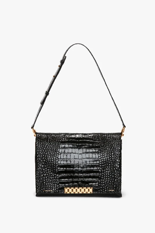 Spacious And Discounted Bags Jumbo Chain Pouch in Black Croc-Effect Leather