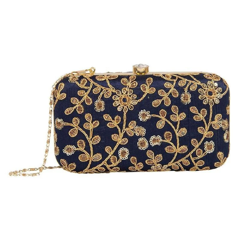 Luxurious Bags With Limited-Time Offers Navy Blue Colored Handcrafted Partywear Zari Embroidered Clutch