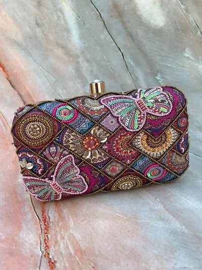 Uxury Designer Handbag Brands PINK HAND EMBROIDED MULTI COLOR HAND CLUTCH CUM SLING BAG