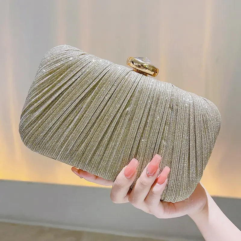 Durable And Cheap Bags Luxury Rhinestone and Glitter Purse Box-Shaped Evening Bag for Women Solid Pattern Pleated Wedding Clutch for Parties