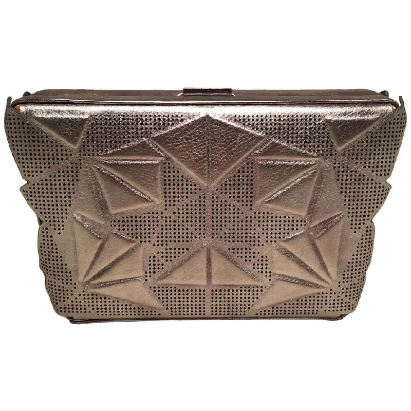 Affordable Handbags Tonya Hawkes Silver Metallic Embossed and Laser Cut Leather Convertible Clutch