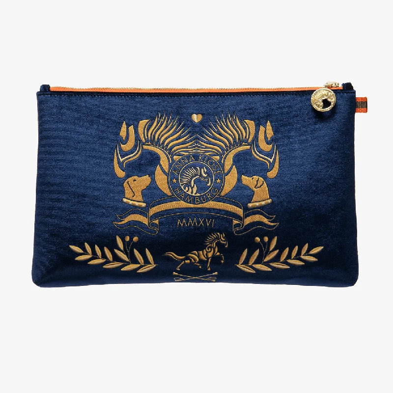 Discounted Designer Bags On Sale Velvet Clutch "Sapphire Blue" with golden print