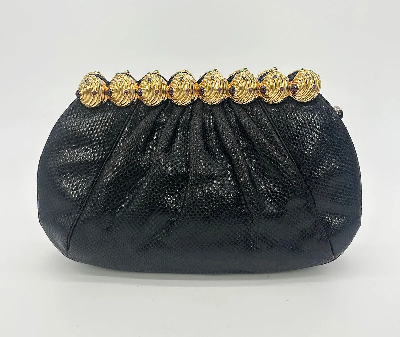 Tsa-Approved Bags For Hassle-Free Airport Security Vintage Judith Leiber Black Lizard Gold Gemstone Top Clutch