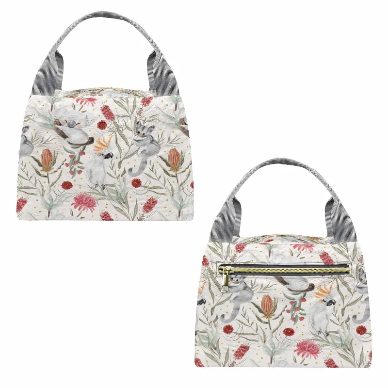 Rustic Bags For Outdoor And Nature-Inspired Looks Australian Animals, Koala Cockatoo and Sugar Glider  Portable Lunch Bag-Grey Handle