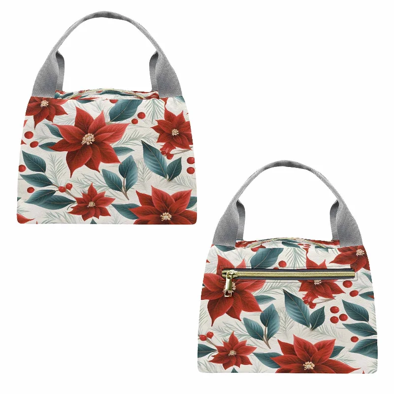 Anti-Theft And Budget-Friendly Bags Christmas Red Poinsettia  Portable Lunch Bag-Grey Handle