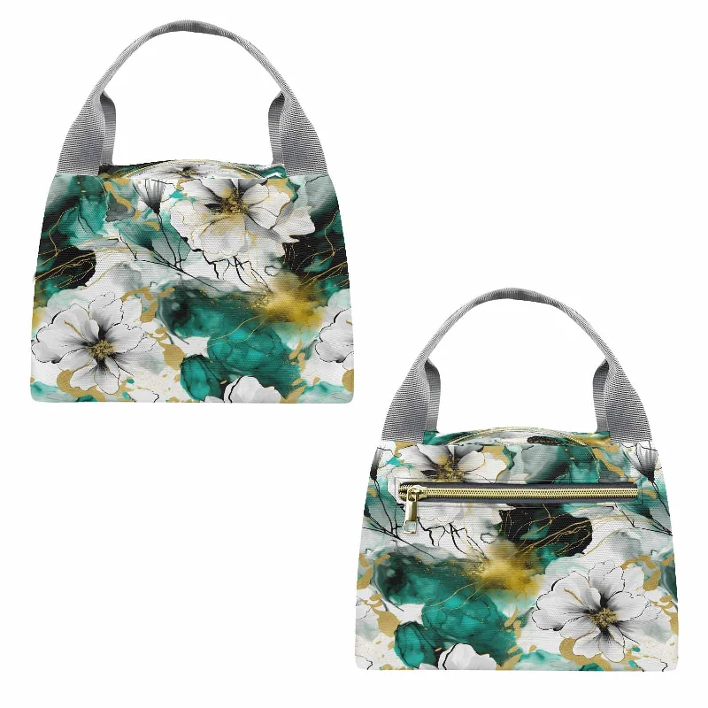 Discounted Designer Bags For Clearance Events Green and White Ink Floral  Portable Lunch Bag-Grey Handle