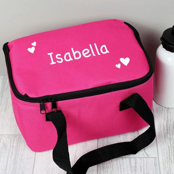 Seasonal Clearance Bags For Summer, Winter, Etc. Personalised White Hearts Pink Lunch Bag