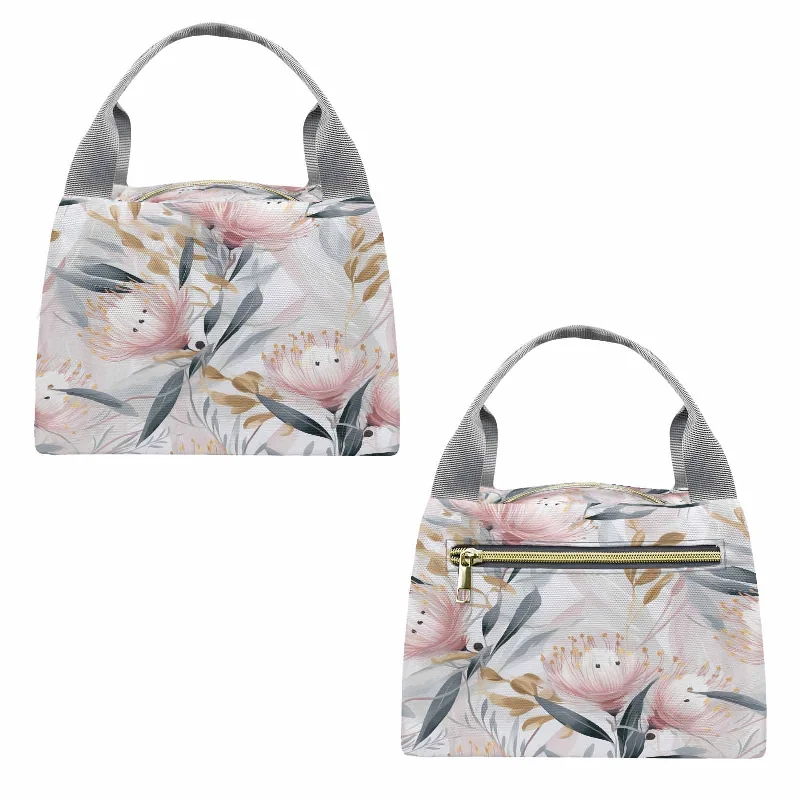 Inspired Bags For Timeless Elegance Australian Floral Pink & Grey  Portable Lunch Bag-Grey Handle