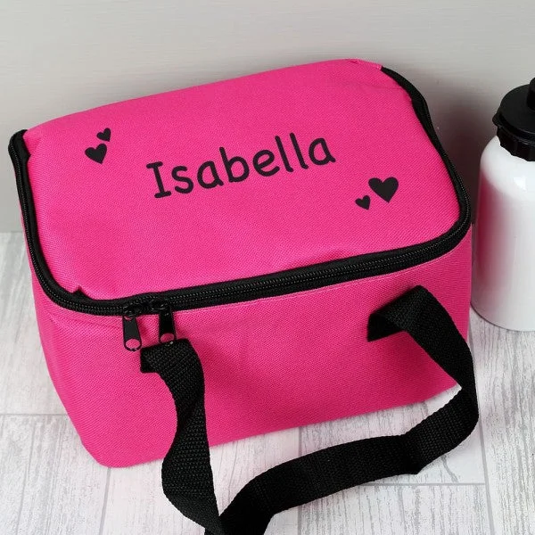 Vintage-Inspired Personalised Black Hearts Pink Lunch Bag