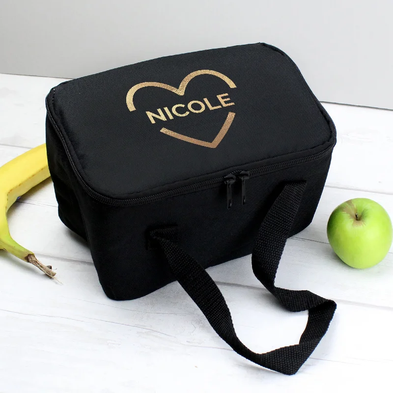 Bags For Sporty And Athletic Styles Personalised Gold Heart Black Lunch Bag - Personalise It!